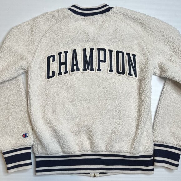 Champion Womens Sherpa Fleece Varsity Bomber Zip Jacket Cream Navy Stripe XS - Picture 9 of 11